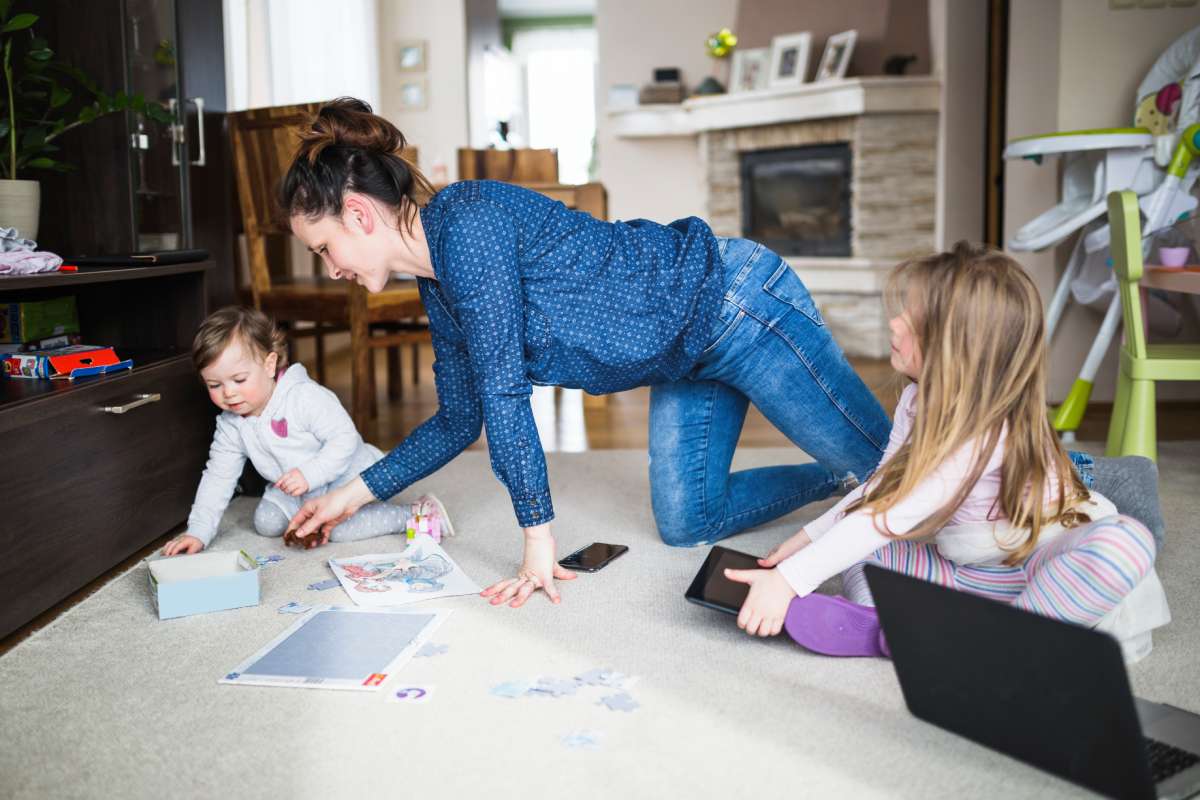 usy woman looking her kids